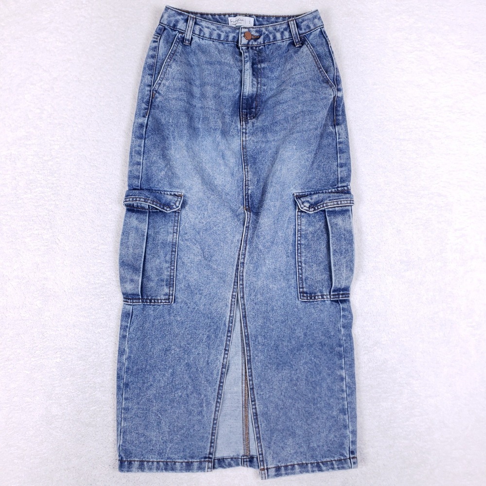 Love Fire Cargo Denim Midi Skirt Womens 1 Front Slit Medium Wash Utility Y2K